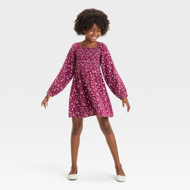 slide 3 of 3, Girls' Long Sleeve Woven Floral Dress - Cat & Jack™ Burgundy Red S, 1 ct