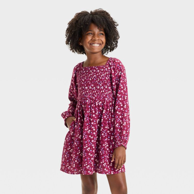 slide 1 of 3, Girls' Long Sleeve Woven Floral Dress - Cat & Jack™ Burgundy Red S, 1 ct