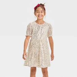Girls' Short Sleeve Sequin Dress - Cat & Jack™ Cream M