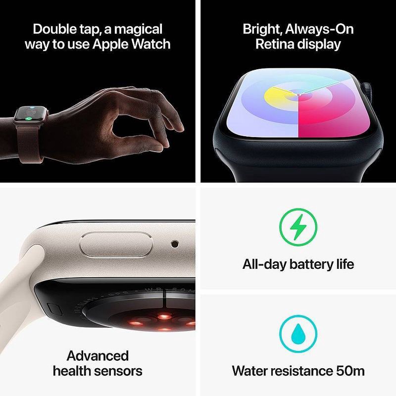 slide 9 of 10, Apple Watch Series 9 GPS (2024) 45mm Starlight Aluminum Case with Starlight Sport Band - M/L, 1 ct