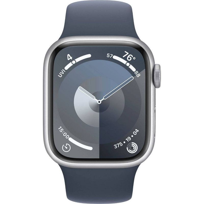 slide 2 of 10, Apple Watch Series 9 GPS (2024) 45mm Silver Aluminum Case with Storm Blue Sport Band - M/L, 1 ct