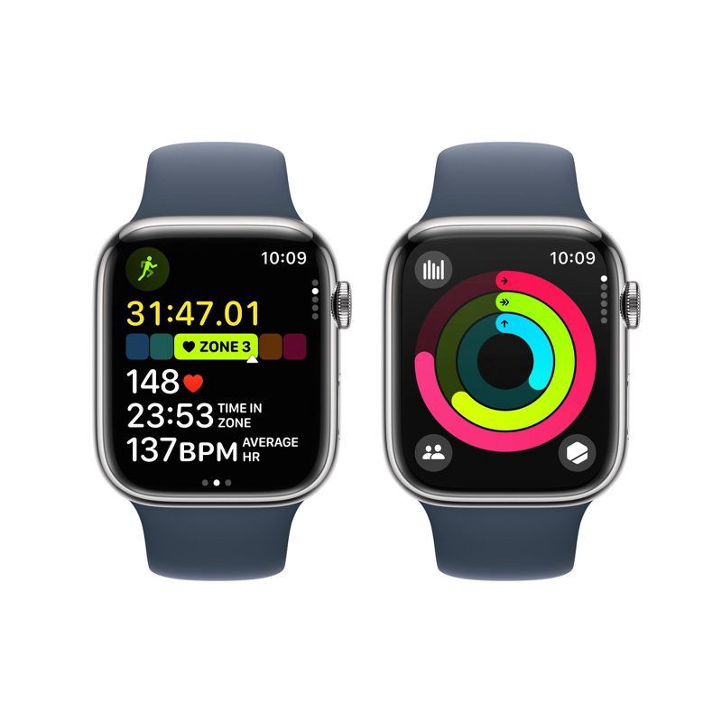 slide 8 of 10, Apple Watch Series 9 GPS (2024) 45mm Silver Aluminum Case with Storm Blue Sport Band - M/L, 1 ct