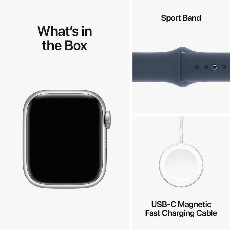 slide 10 of 10, Apple Watch Series 9 GPS (2024) 45mm Silver Aluminum Case with Storm Blue Sport Band - M/L, 1 ct