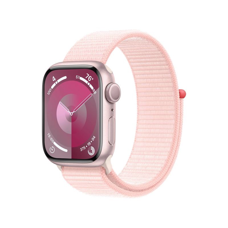 slide 1 of 8, Apple Watch Series 9 GPS (2024) 45mm Pink Aluminum Case with Light Pink Sport Loop, 1 ct
