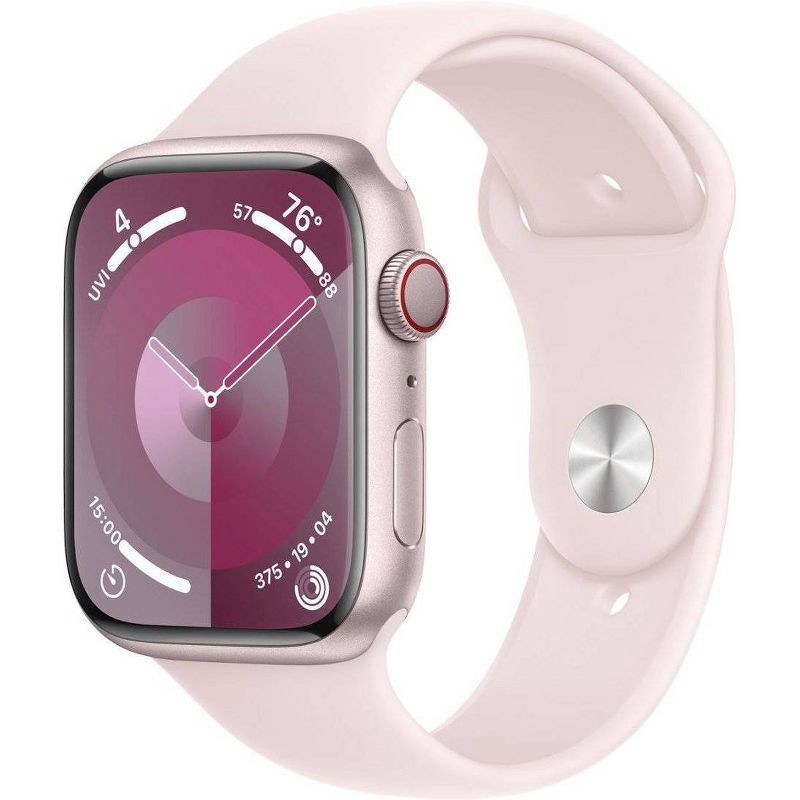 slide 1 of 10, Apple Watch Series 9 GPS + Cellular (2024) 45mm Pink Aluminum Case with Light Pink Sport Band - M/L, 1 ct