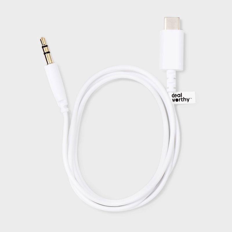 slide 2 of 3, 3' USB-C to AUX Cable - dealworthy™ White: Male-to-Male Adapter, 3.5mm Jack Connection, 1 ct