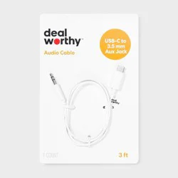 3' USB-C to AUX Cable - dealworthy™ White: Male-to-Male Adapter, 3.5mm Jack Connection