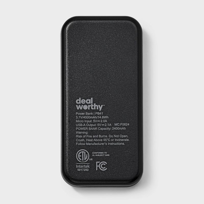 slide 4 of 4, 4000mAh Power Bank with Micro USB Cable - dealworthy™ Black: Short Circuit Protection, Charge Indicator Light, 1 ct