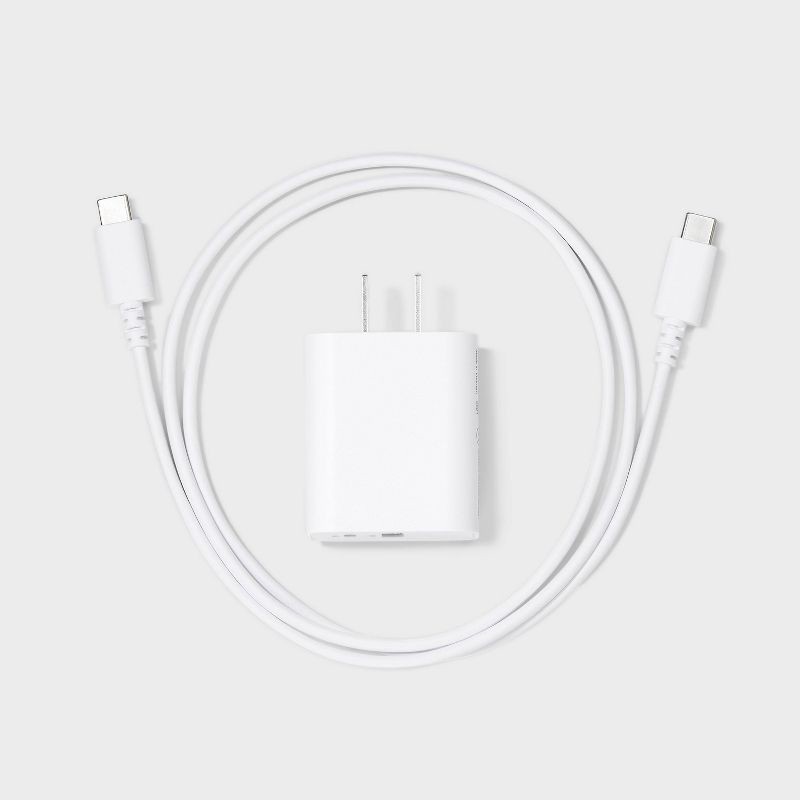 slide 2 of 4, 2-Port 25W Wall Charger with 3' USB-C to USB-C Cable - dealworthy™ White: Dual USB-C Output, Quick Charge, 1 ct