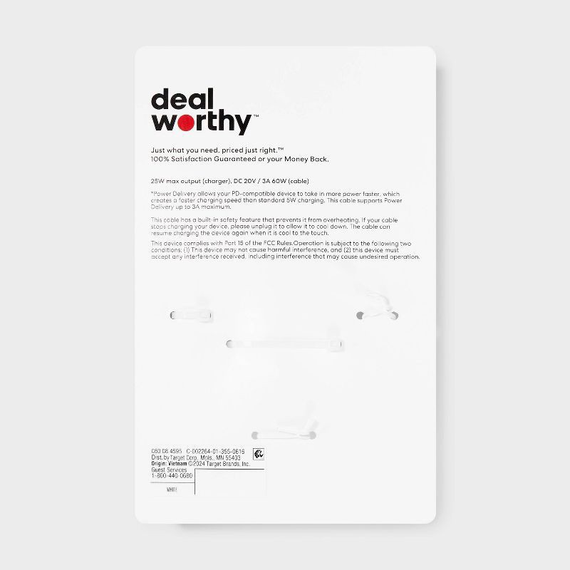 slide 3 of 4, 2-Port 25W Wall Charger with 3' USB-C to USB-C Cable - dealworthy™ White: Dual USB-C Output, Quick Charge, 1 ct