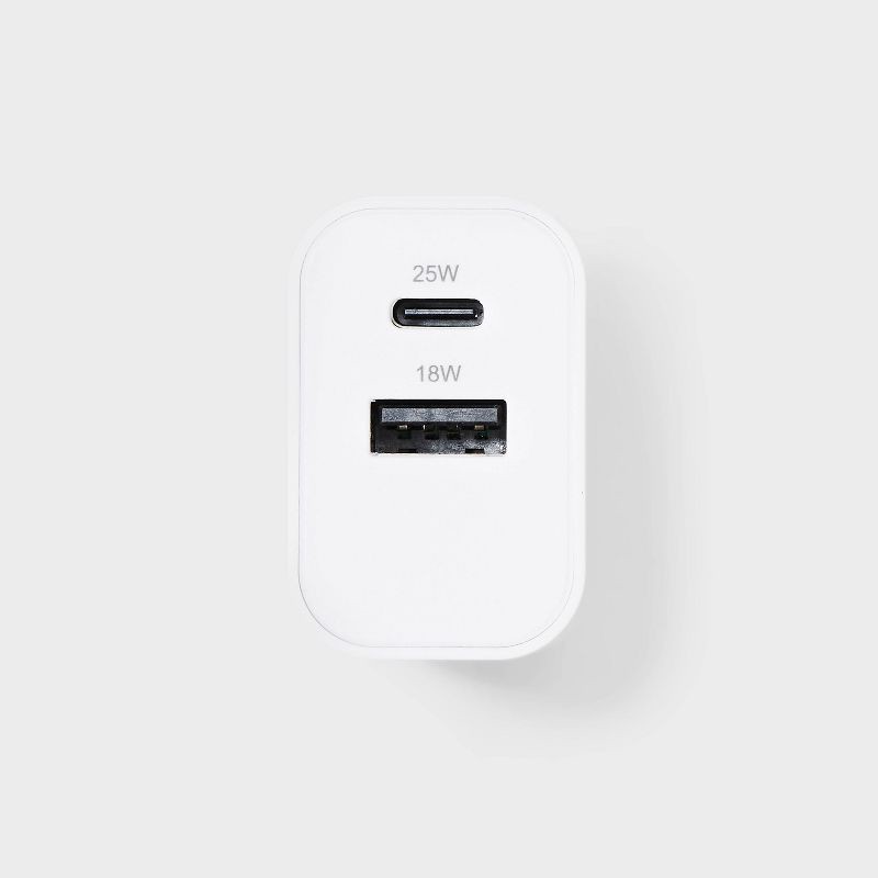slide 4 of 4, 2-Port 25W Wall Charger with 3' USB-C to USB-C Cable - dealworthy™ White: Dual USB-C Output, Quick Charge, 1 ct