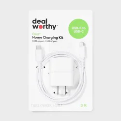 2-Port 25W Wall Charger with 3' USB-C to USB-C Cable - dealworthy™ White: Dual USB-C Output, Quick Charge