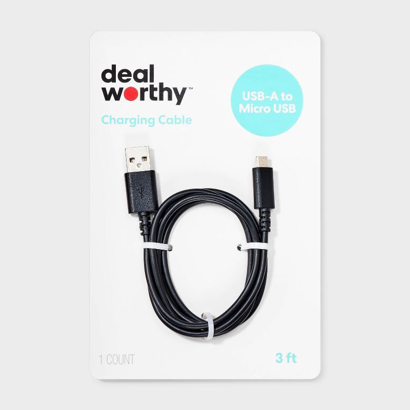 slide 1 of 3, 3' USB-A to Micro-USB Cable - dealworthy™ Black: 3' Charging Cord, 1 ct
