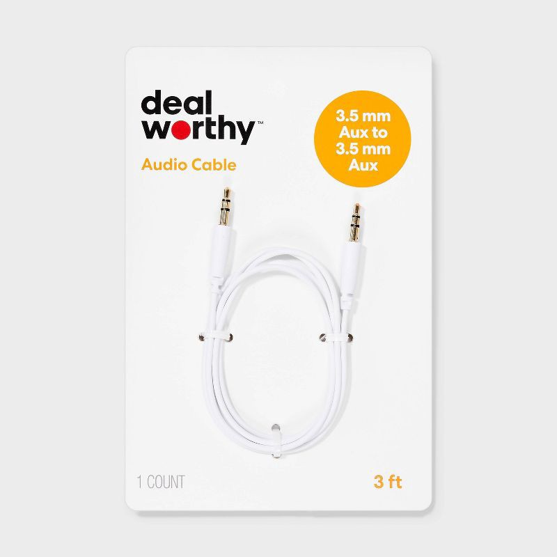 slide 1 of 3, 3' Aux Cable - dealworthy™ White: Male-To-Male 3.5mm Jack Audio Adapter, 1 ct