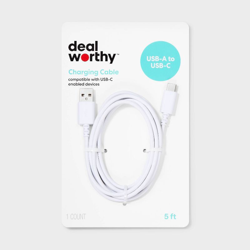 slide 1 of 3, 5' USB-A to USB-C Cable - dealworthy™ White: Male-to-Male Connection, 5ft Length, 5 ft