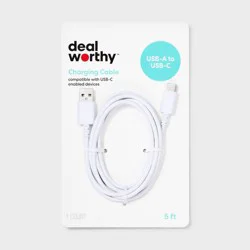 5' USB-A to USB-C Cable - dealworthy™ White: Male-to-Male Connection, 5ft Length