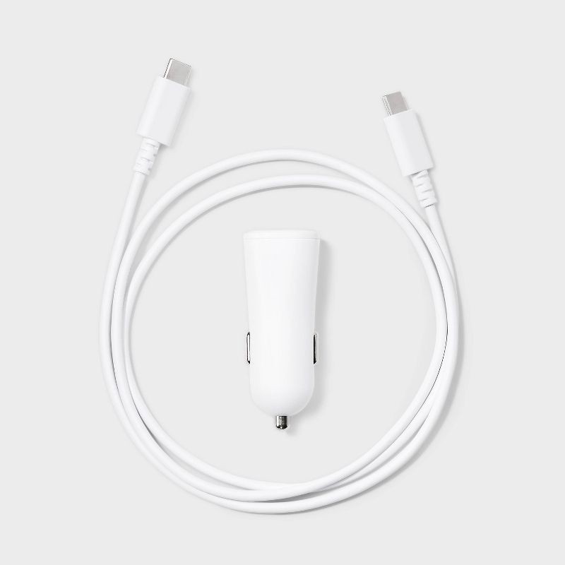 slide 2 of 4, 1-Port 20W Car Charger with 3' PVC USB-C to USB-C Cable - dealworthy™ White: Quick Charge & Short Circuit Protection, 1 ct