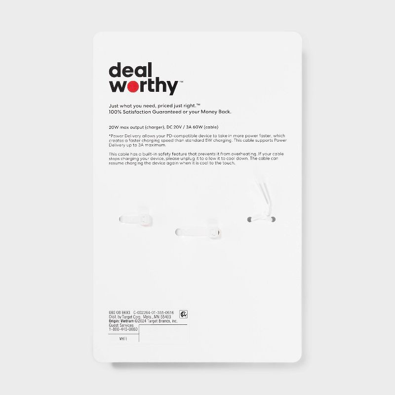 slide 3 of 4, 1-Port 20W Car Charger with 3' PVC USB-C to USB-C Cable - dealworthy™ White: Quick Charge & Short Circuit Protection, 1 ct