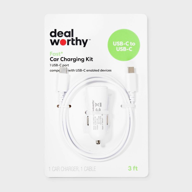 slide 1 of 4, 1-Port 20W Car Charger with 3' PVC USB-C to USB-C Cable - dealworthy™ White: Quick Charge & Short Circuit Protection, 1 ct