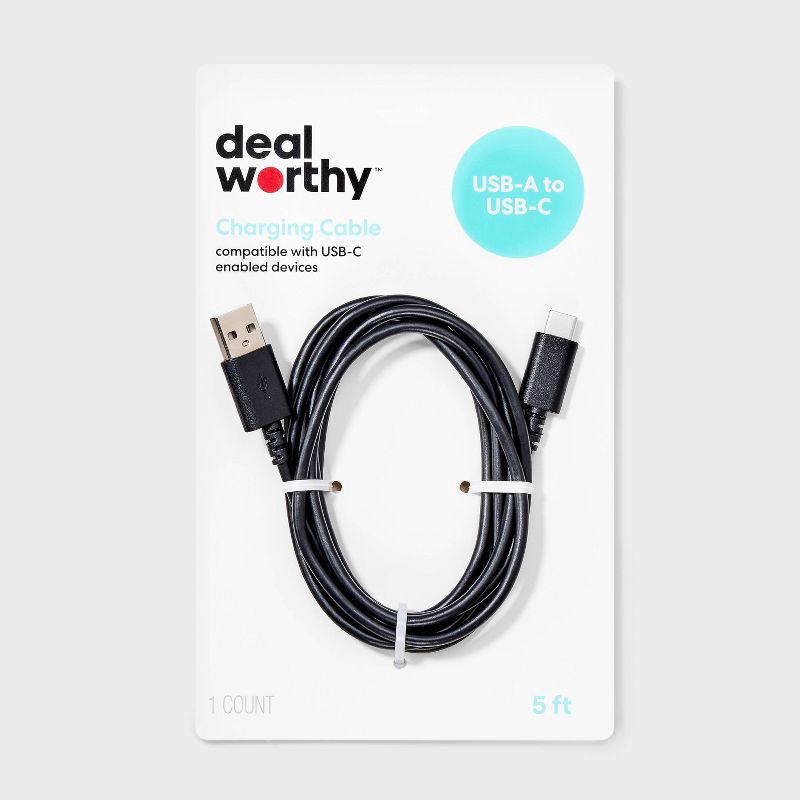slide 1 of 3, 5' USB-A to USB-C Cable - dealworthy™ Black: Male-To-Male Connection Cord, 1 ct