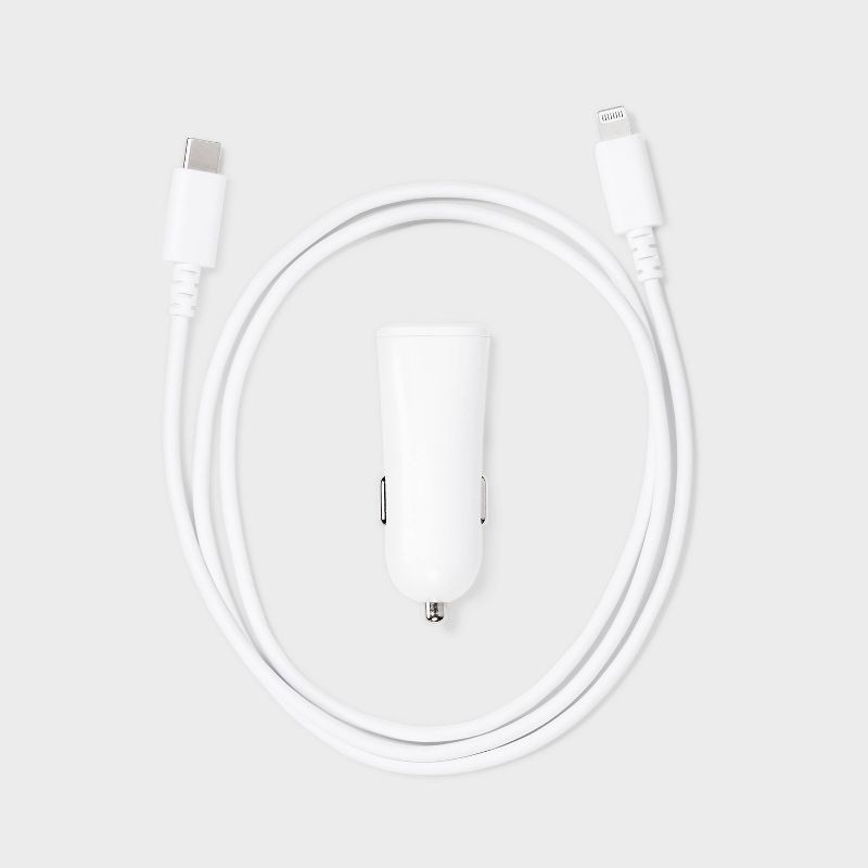slide 2 of 4, 1-Port 20W Car Charger with 3' PVC Lightning to USB-C Cable - dealworthy™ White: Charge Indicator, Short Circuit Protection, 1 ct