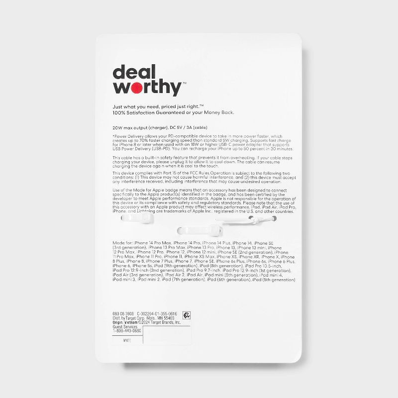 slide 3 of 4, 1-Port 20W Car Charger with 3' PVC Lightning to USB-C Cable - dealworthy™ White: Charge Indicator, Short Circuit Protection, 1 ct