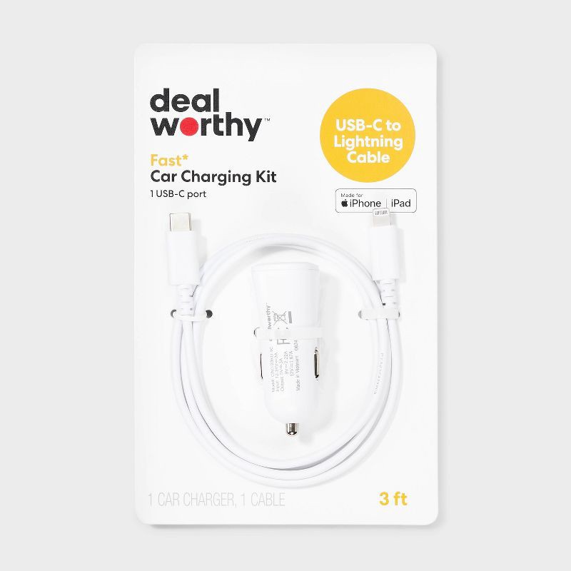 slide 1 of 4, 1-Port 20W Car Charger with 3' PVC Lightning to USB-C Cable - dealworthy™ White: Charge Indicator, Short Circuit Protection, 1 ct