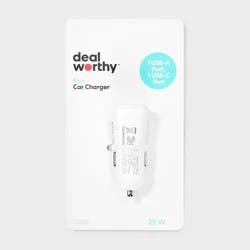 2-Port 25W Car Charger - dealworthy™ White: USB & USB-C Car Adapter