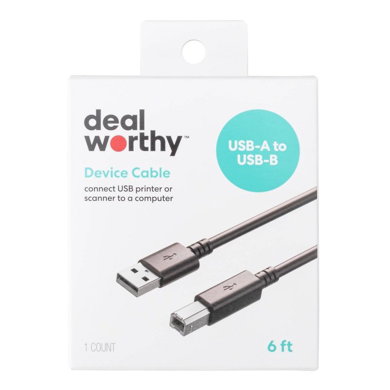 slide 2 of 3, 6' USB 2.0 Device Cable - dealworthy™ - Black: Male-To-Male Connection, 480 Mbps Rate, 1 ct