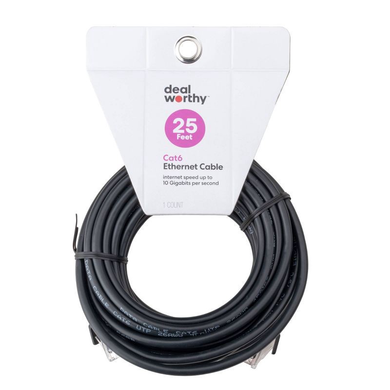 slide 2 of 3, Cat 6 Ethernet Cable - dealworthy™ 25' Black: RJ-45 Male-to-Male, 1.25 Gbps, 1 ct