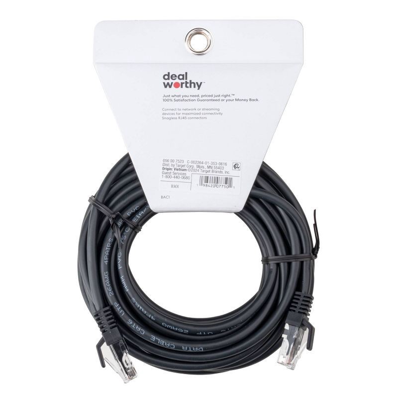 slide 3 of 3, Cat 6 Ethernet Cable - dealworthy™ 25' Black: RJ-45 Male-to-Male, 1.25 Gbps, 1 ct