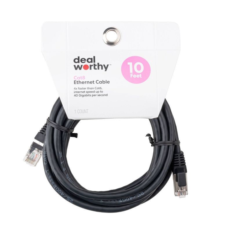 slide 2 of 3, 10' Cat 8 Ethernet Cable - dealworthy™ - Black: Male-to-Male Connector, 40 Gbps, 1 ct