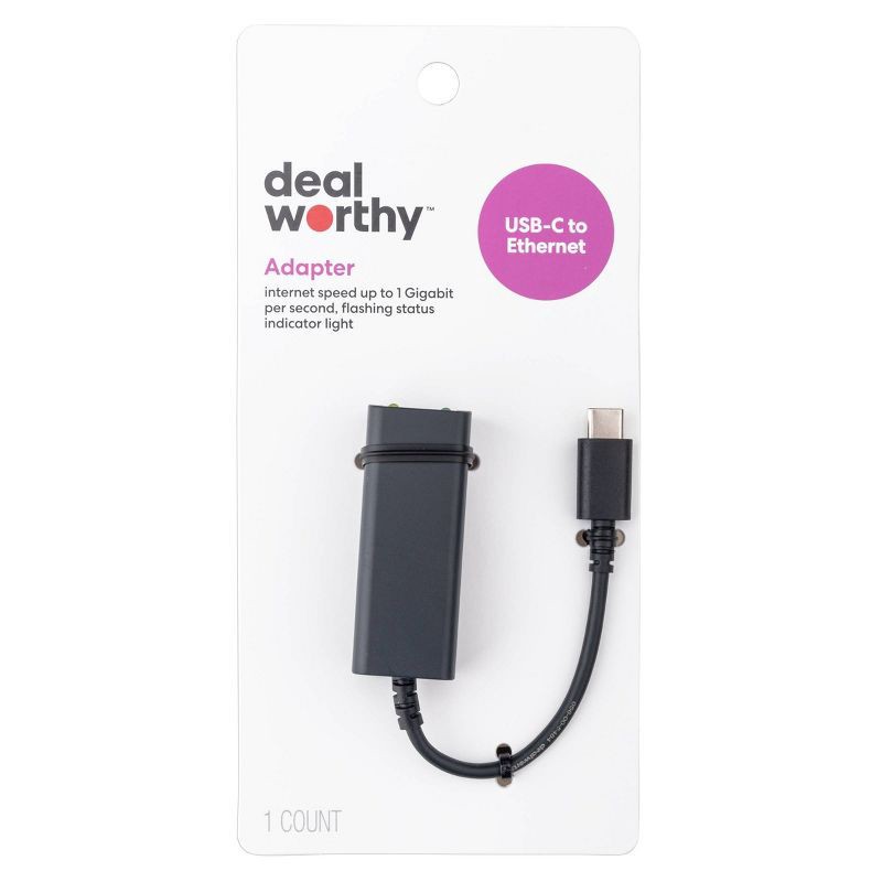 slide 2 of 3, USB-C to Ethernet Adapter - dealworthy™ - Black: Male-To-Female Cable Adapter, 1 ct