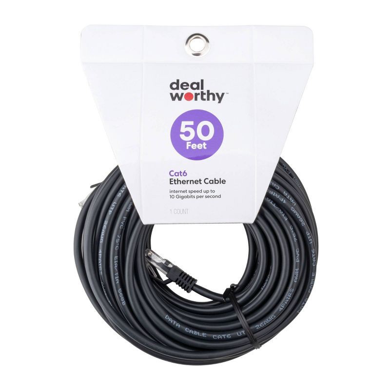 slide 2 of 3, Cat 6 Ethernet Cable - dealworthy™ 50' Black: 1.25 Gbps RJ-45 Male-to-Male, 1 ct