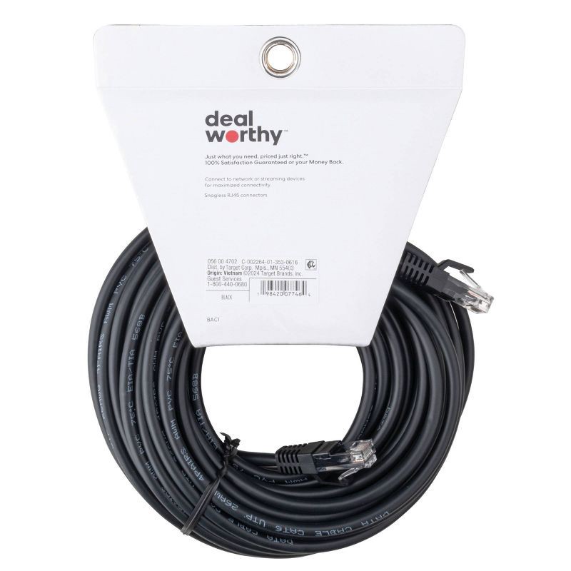 slide 3 of 3, Cat 6 Ethernet Cable - dealworthy™ 50' Black: 1.25 Gbps RJ-45 Male-to-Male, 1 ct