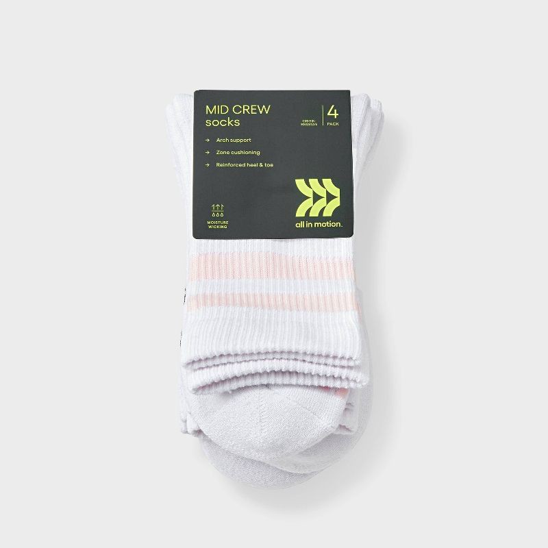 slide 3 of 3, Women's Cushioned Striped Varsity 4pk Short Crew Socks - All In Motion™ White/Gray/Pink 4-10: Arch Support, Zone Cushioning, 4 ct