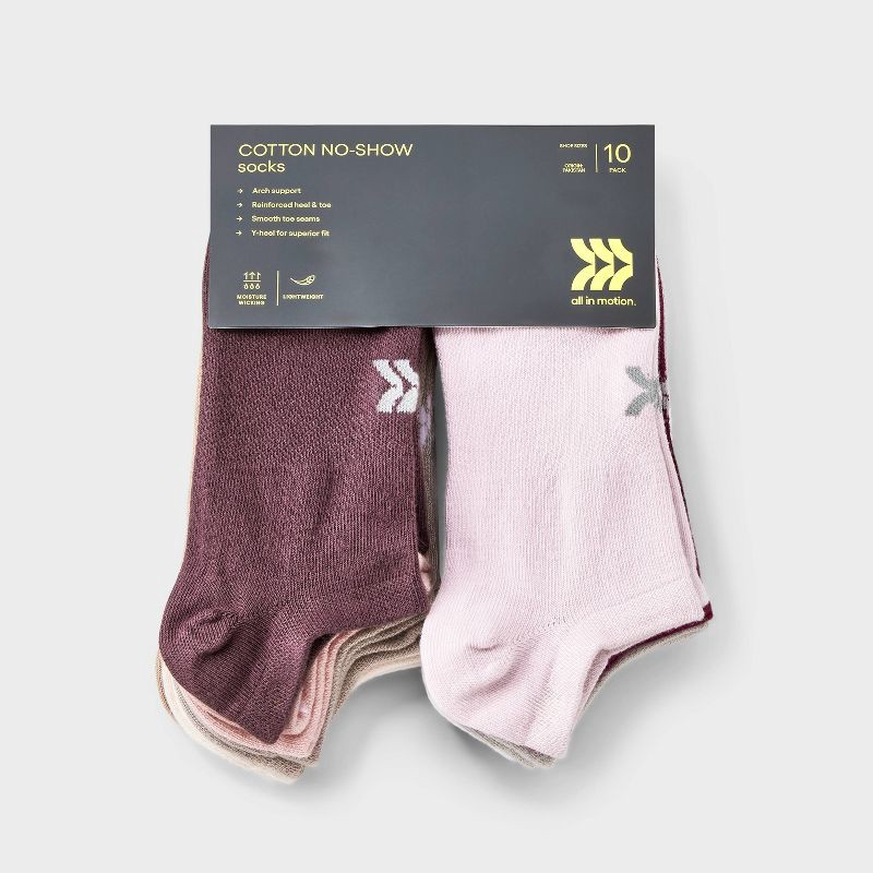 slide 2 of 3, Women's Lightweight Everyday 10pk No Show Socks - All In Motion™ Assorted Color 4-10: Arch Support, Reinforced Heel/Toe, 10 ct