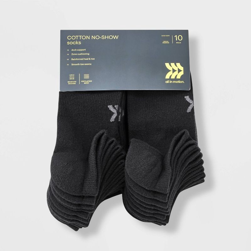 slide 2 of 3, Women's Cushioned Active 10pk No Show Socks - All In Motion™ Black 4-10: Arch Support, Zone Cushioning, 10 ct