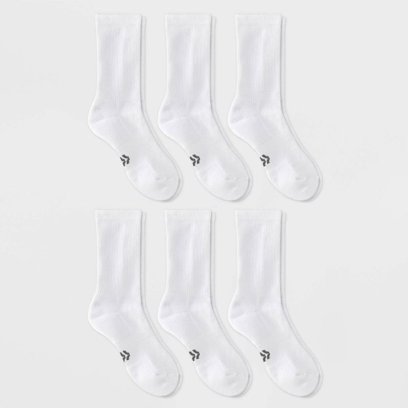 slide 1 of 4, Women's Cushioned Foundation 6pk Athletic Crew Socks - All In Motion™ White 4-10: Recycled Polyester, Arch Support, Zone Cushioning, 6 ct