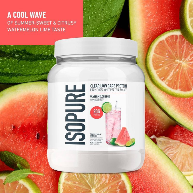 slide 3 of 9, Isopure Infusions Watermelon Lime Powder Protein Powder - 14.1oz: Whey Isolate, 20g Protein, 14.1 oz, 20 gram