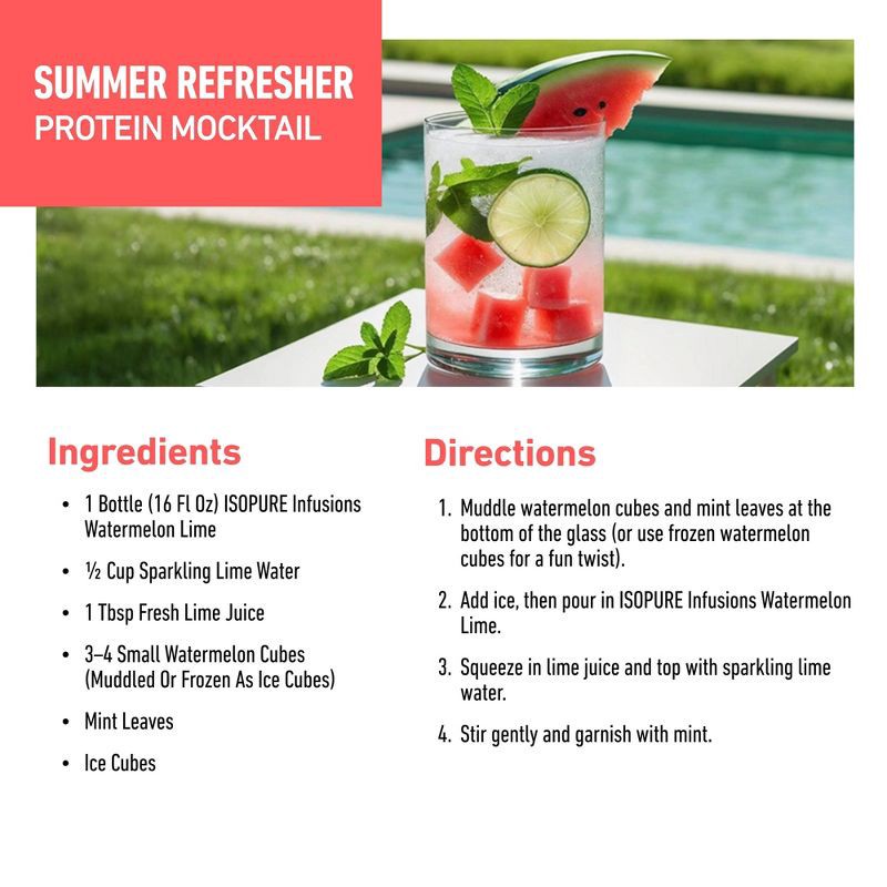 slide 6 of 9, Isopure Infusions Watermelon Lime Powder Protein Powder - 14.1oz: Whey Isolate, 20g Protein, 14.1 oz, 20 gram