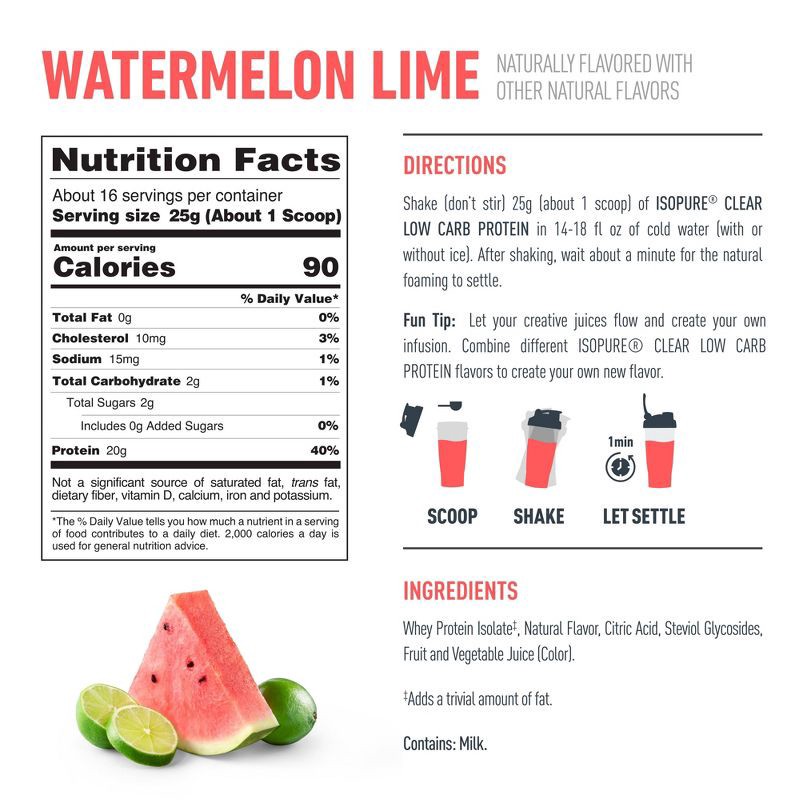slide 9 of 9, Isopure Infusions Watermelon Lime Powder Protein Powder - 14.1oz: Whey Isolate, 20g Protein, 14.1 oz, 20 gram