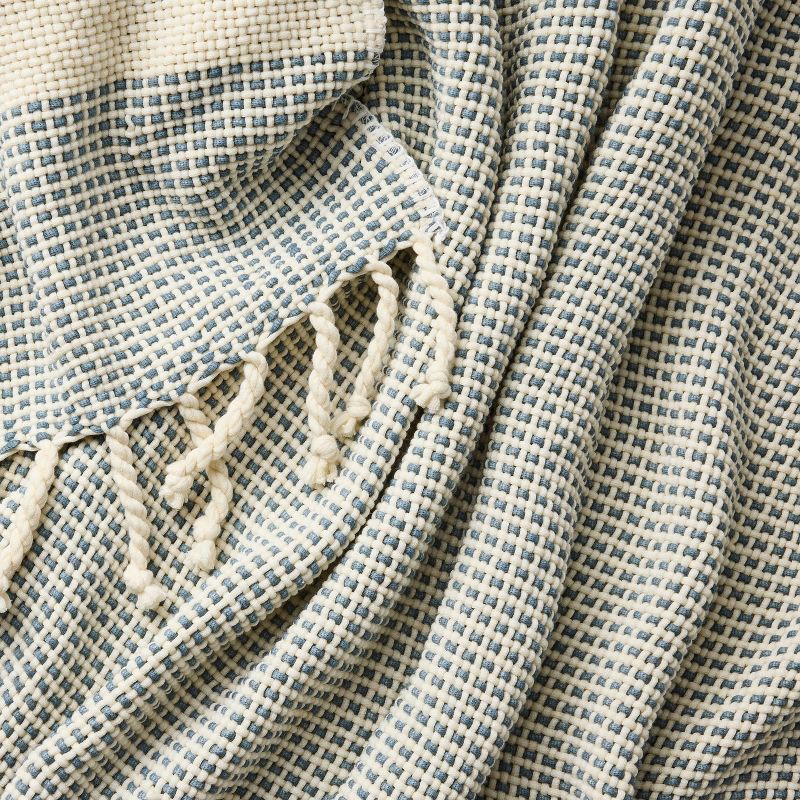 slide 3 of 3, Threshold designed w/Studio McGee 50"x60" Throw Border Stripe Woven Medium Blue and Cream - Threshold™ designed with Studio McGee, 1 ct