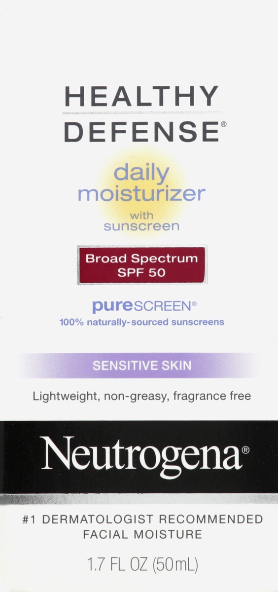 slide 5 of 5, Neutrogena Healthy Defense Daily Moisturizer for Sensitive Skin with SPF 50, Mineral Sunscreen with Zinc Dioxide & Titanium Dioxide, Oil-Free & Fragrance-Free, 1.7 fl. oz, 1.7 fl oz