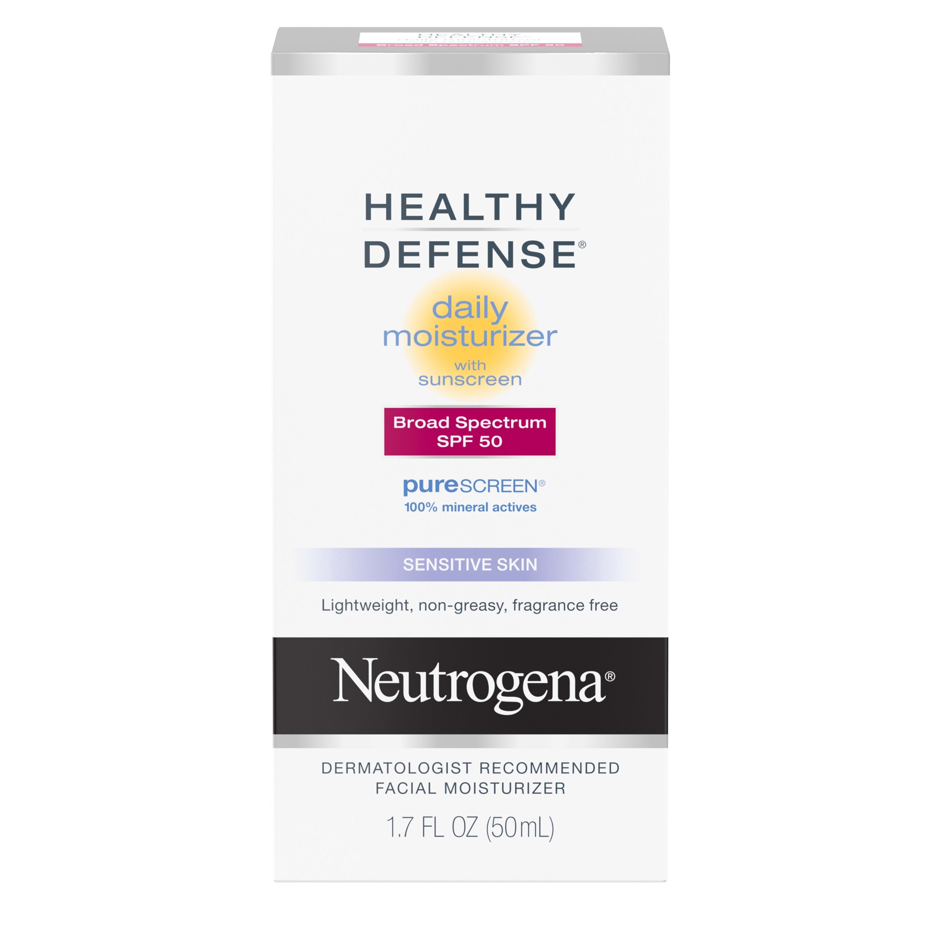 slide 1 of 5, Neutrogena Healthy Defense Daily Moisturizer for Sensitive Skin with SPF 50, Mineral Sunscreen with Zinc Dioxide & Titanium Dioxide, Oil-Free & Fragrance-Free, 1.7 fl. oz, 1.7 fl oz