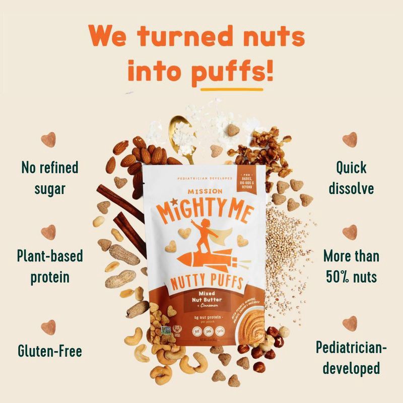 slide 3 of 17, Mission MightyMe Nutty Puffs Baby Snacks - Mixed Nut Butter 1.5oz - 1.5oz, 1.5 oz