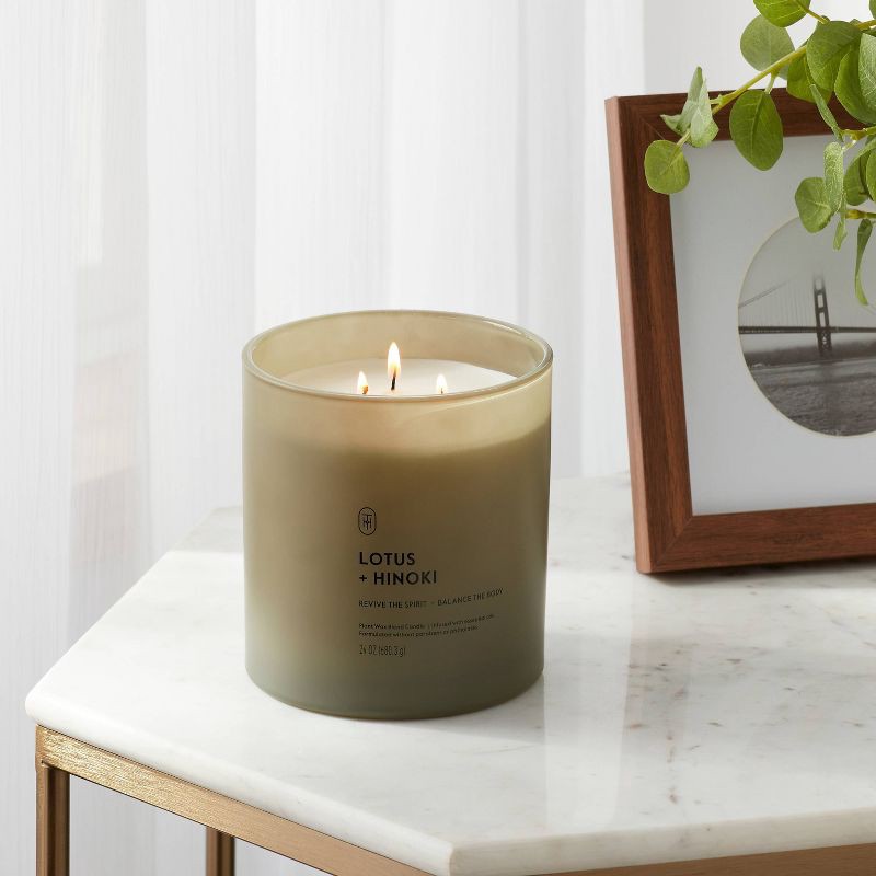 slide 2 of 3, 3 Wick Glass Lotus and Hinoki Jar Candle 24oz - Threshold™, 24 oz
