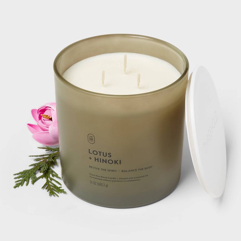 slide 3 of 3, 3 Wick Glass Lotus and Hinoki Jar Candle 24oz - Threshold™, 24 oz