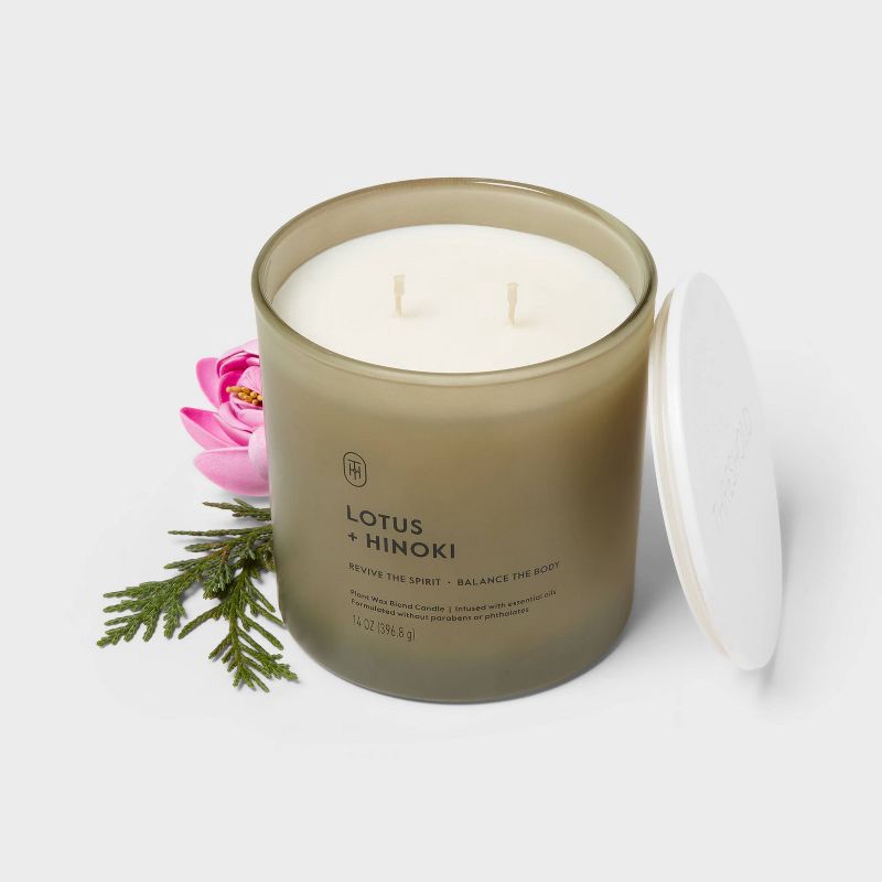 slide 3 of 3, 2 Wick Glass Lotus and Hinoki Jar Candle 14oz - Threshold™, 14 oz