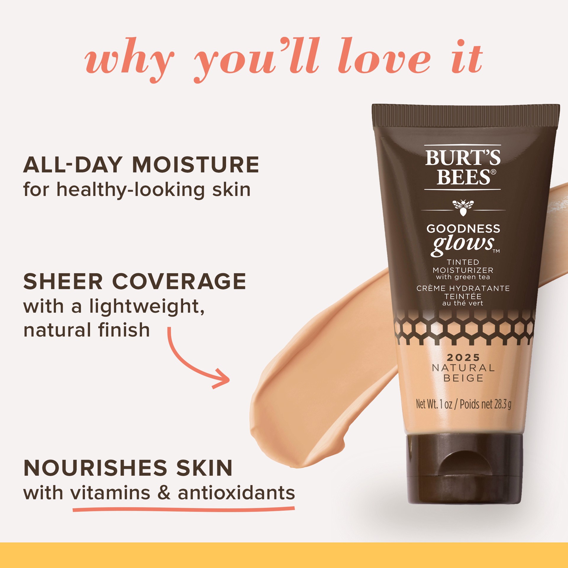 slide 3 of 5, Burt's Bees Goodness Glows™ Tinted Moisturizer, Rich in Antioxidants, Natural Beige – 1.0 Ounce, 1 oz